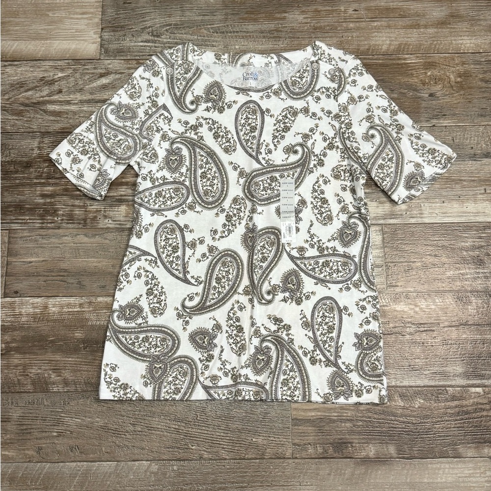 Croft & Barrow White and Gray Paisley Long Sleeve Top Size Large